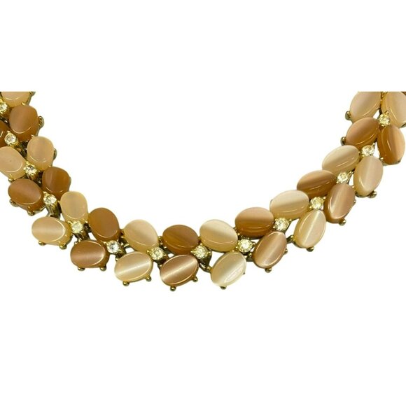 Vintage Signed Lisner Brown Cream Thermoset and Rhinestone Choker Necklace - Picture 3 of 6